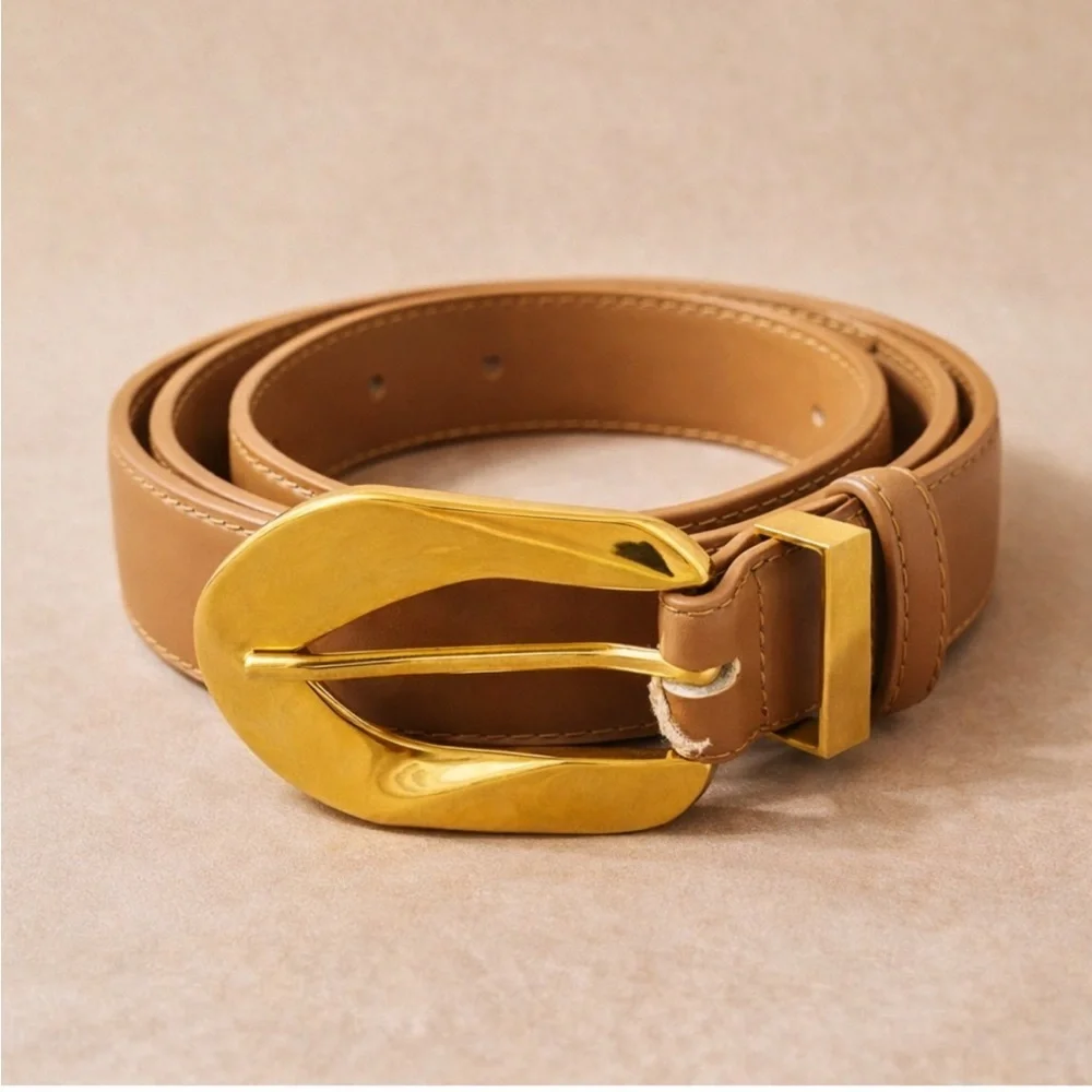 Tan Leather Belt with Oversized Gold Statement Buckle Classic Waist Belt